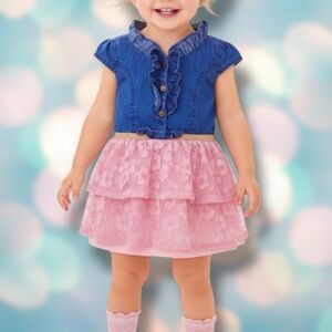 Nanette Lepore Baby Girl’s Pink Blue Denim Lace Ruffle Dress Size 24 Months